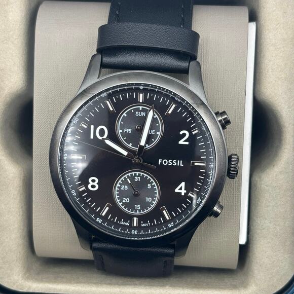 Fossil Bennett BQM7089 Mens 45mm Black Dial Black Leather Multifunction Quartz - Picture 6 of 17